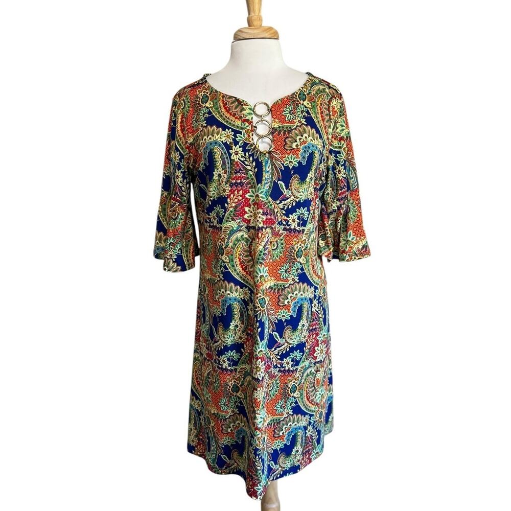 Ellen Weaver MIDI Dress Colorful Indie Boho 3/4 Flutter Sleeve Womens L